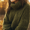 Frau im olivgrünen Grobstrickpullover mit Rollkragen