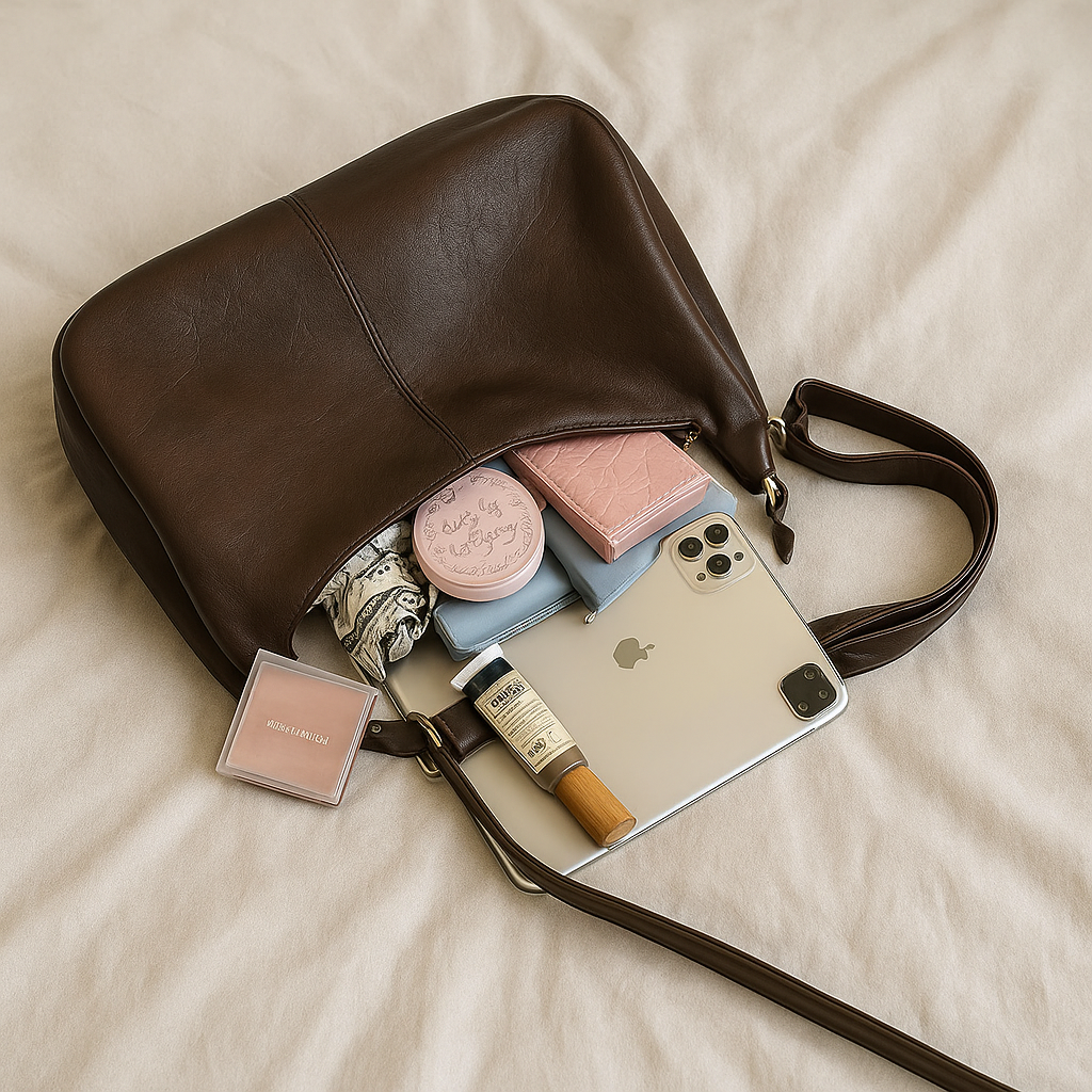 Innenansicht der Novira Tasche mit Essentials wie Kosmetik und Kamera