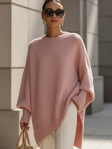 Rosa Oversized Strickpullover Damen mit Fledermausärmeln und Rundhals