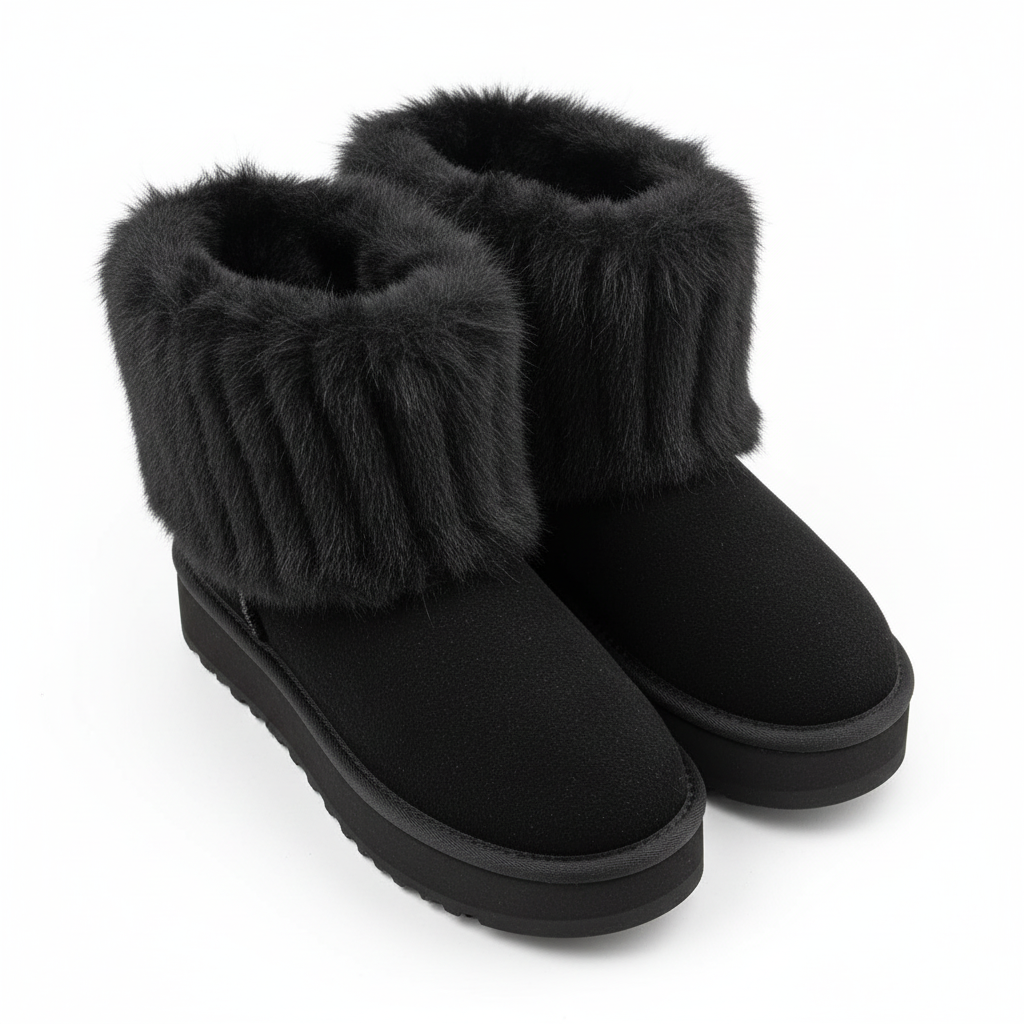 schwarze Winterstiefel mit dicker Fellkrempe und Plateau – warme gefütterte Damen Schneestiefel