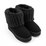 schwarze Winterstiefel mit dicker Fellkrempe und Plateau – warme gefütterte Damen Schneestiefel