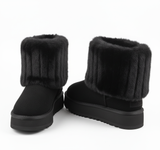 Schwarze Winterstiefel mit geripptem Fellrand und Plateau – warm gefütterte Damen Schneestiefel