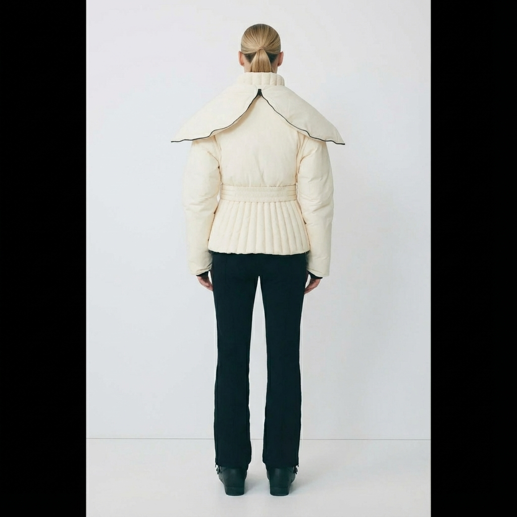 rückseite der auraya ski jacket creme mit geöffnetem kapuzenkragen