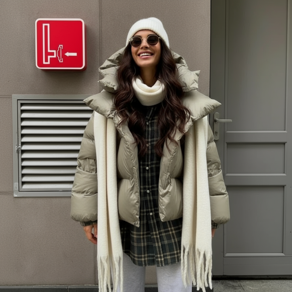 frau trägt grüne pufferjacke mit weißem shirt und blauer jogginghose