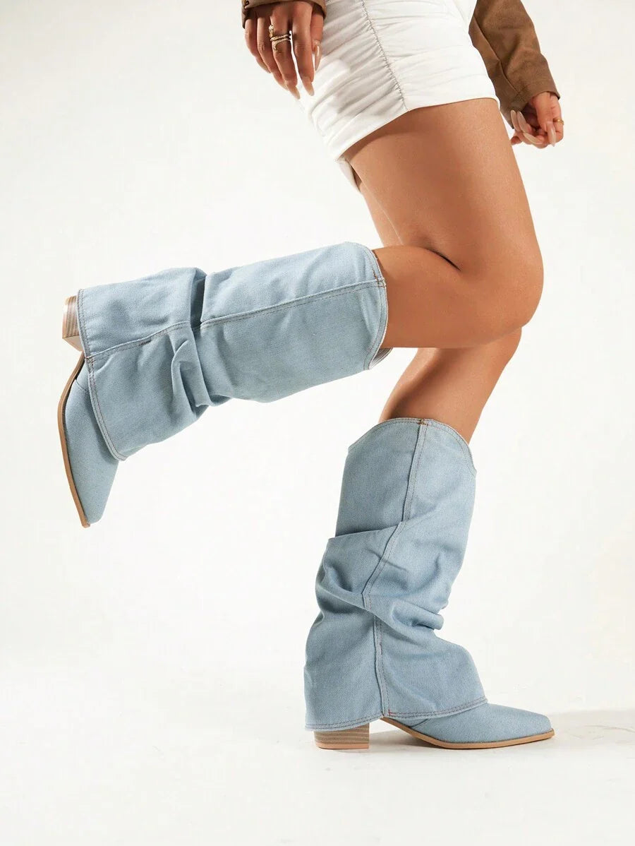 Solenne Damenstiefel – Hohe Jeansboots mit Spitze und Absatz