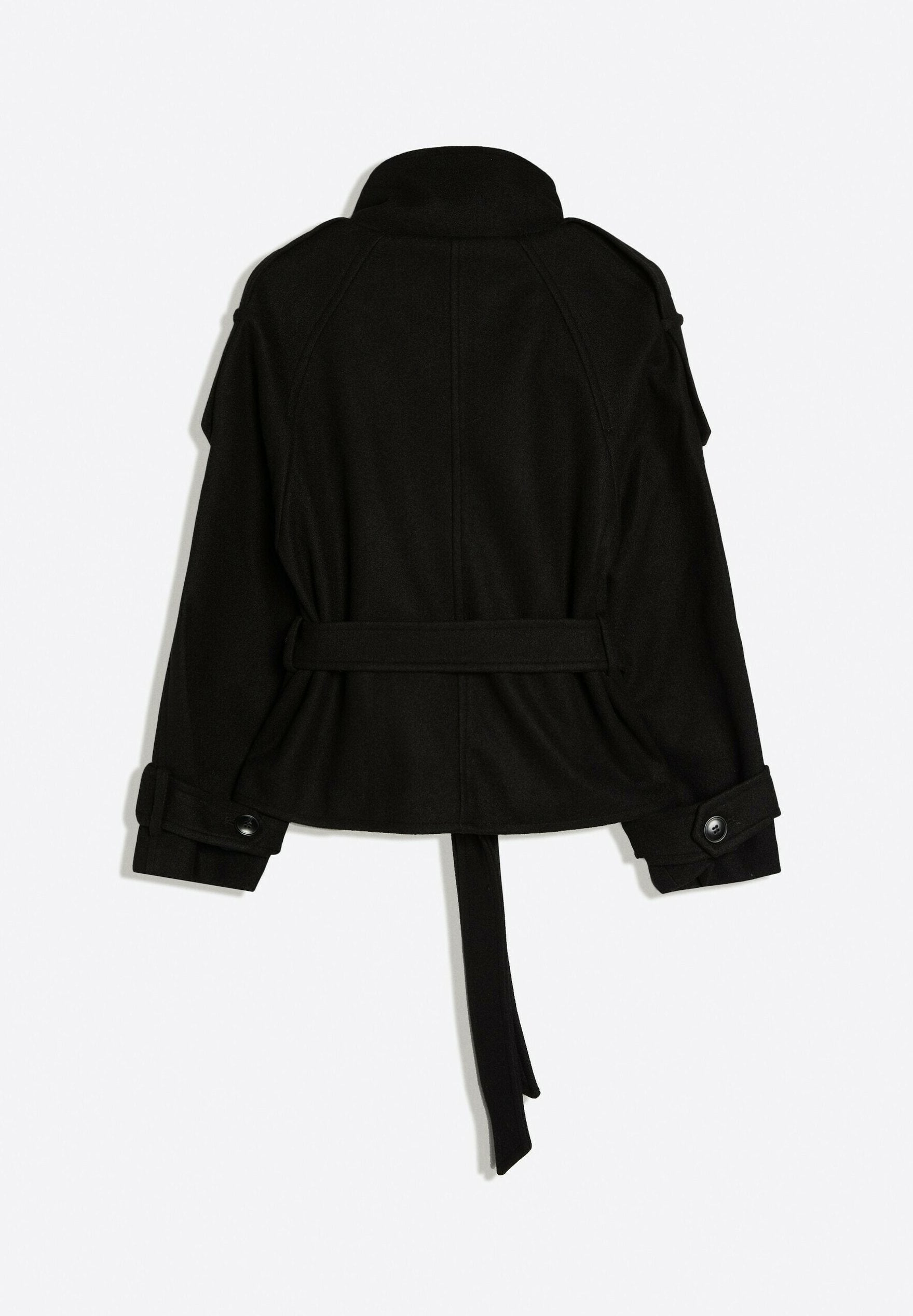 Kurzer Trenchcoat mit Stehkragen und Bindegürtel in Schwarz