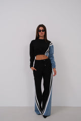 Taliya Tracksuit Damen schwarz mit Denimärmel und weitem Bein
