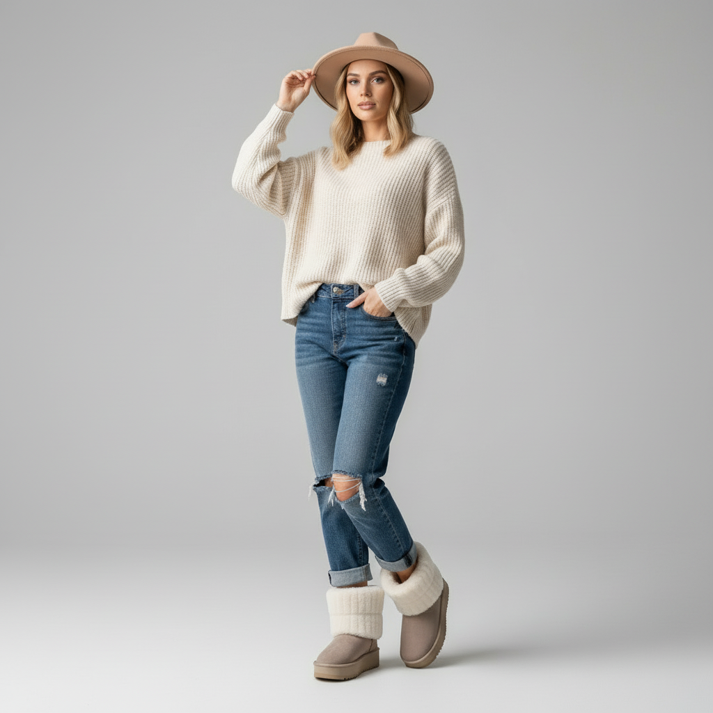 Damenoutfit mit taupe Winterstiefeln mit weißem Fellbund, Jeans und Oversize Pullover – lässiger Winterlook.