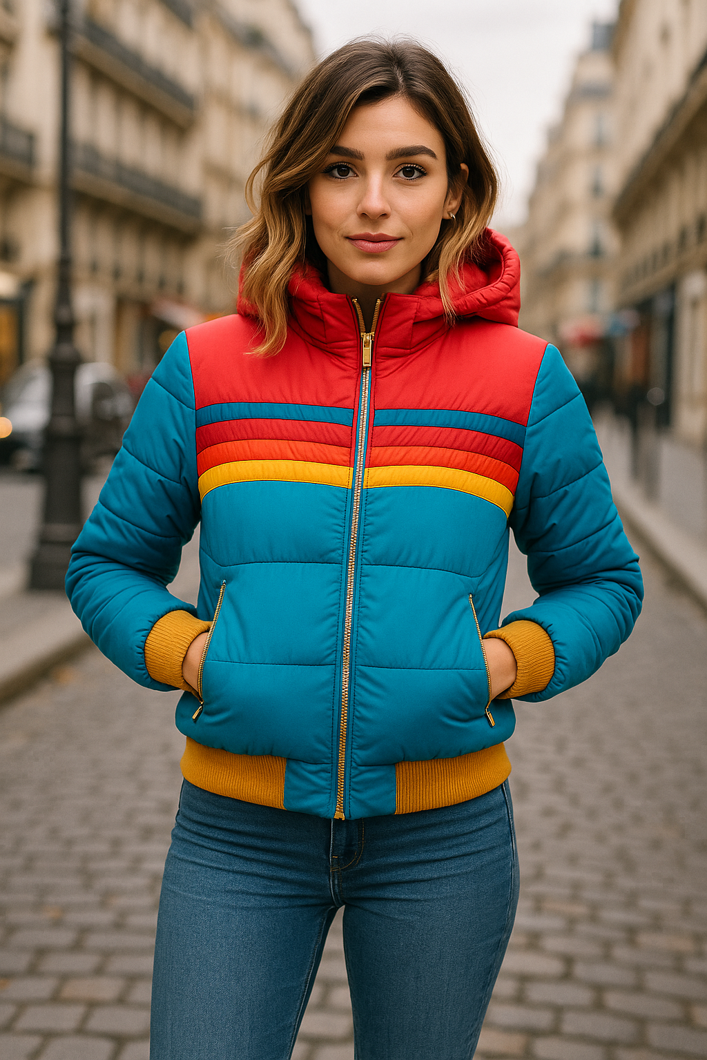 türkise Retro Pufferjacke mit Regenbogenstreifen und roter Kapuze