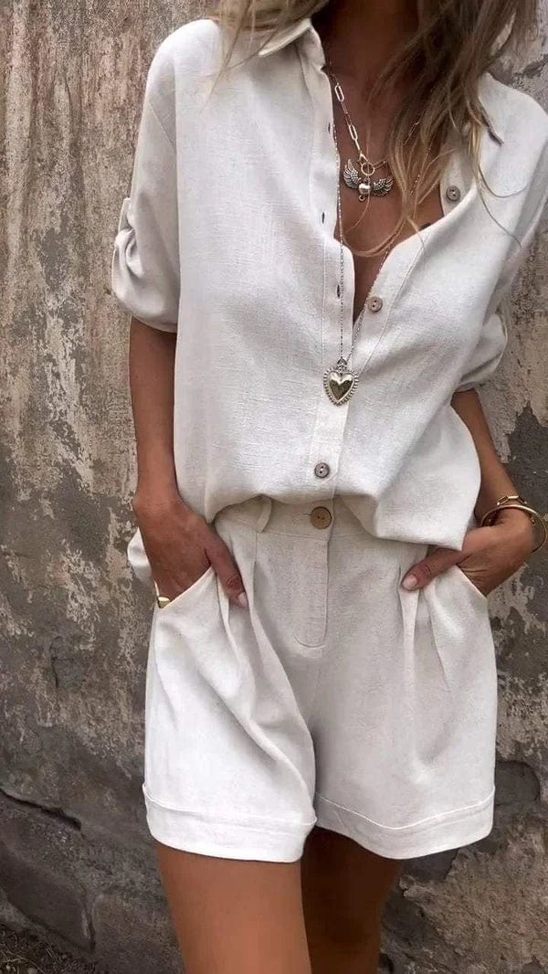 Witte linnen set met blouse en shorts voor dames
