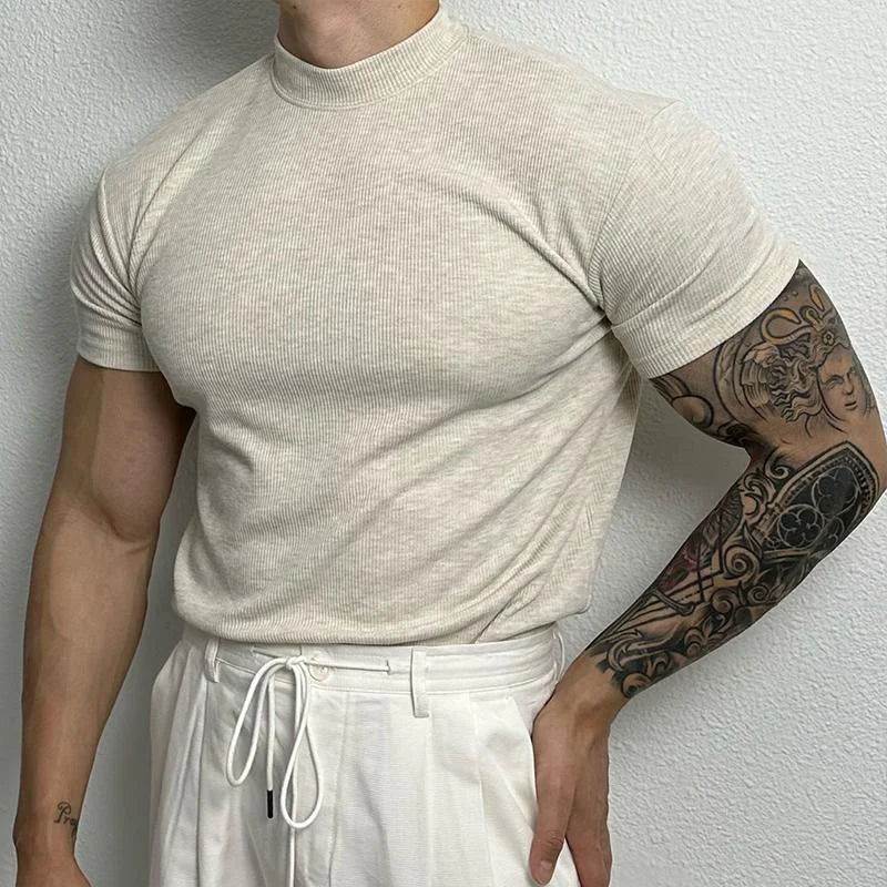 matteo fit strak t-shirt lichtblauw, strak heren t-shirt elastisch katoen, moderne hoge hals heren t-shirt, casual heren t-shirt wit, sportief heren shirt olijfgroen, zwarte heren t-shirt slim fit, ademend heren t-shirt elastisch, stijlvolle basic heren t-shirt
