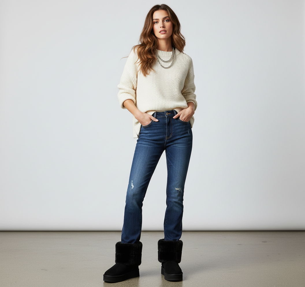 Streetstyle mit schwarzen Winterstiefeln mit Fellrand und Skinny Jeans.