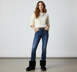 Streetstyle mit schwarzen Winterstiefeln mit Fellrand und Skinny Jeans.