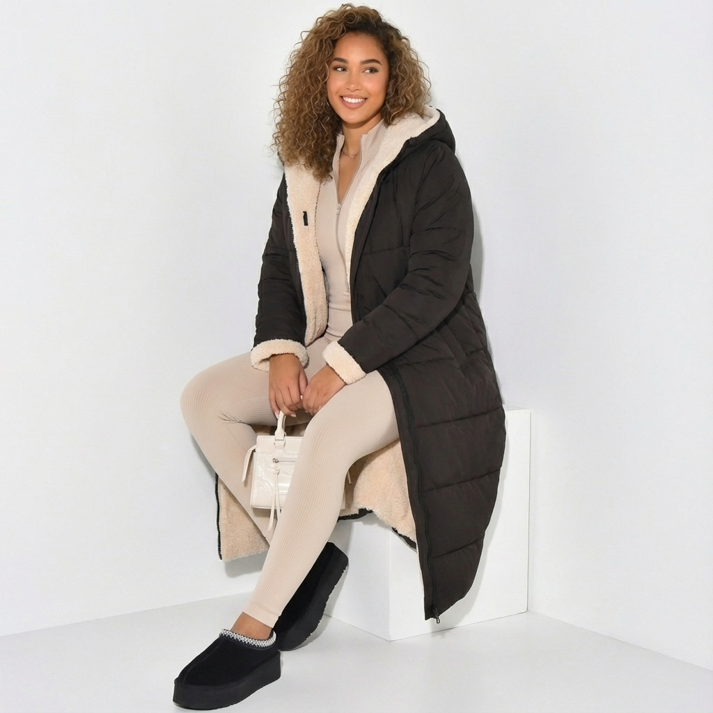 Wintermantel Damen wendbar in Schwarz mit Teddyfutter