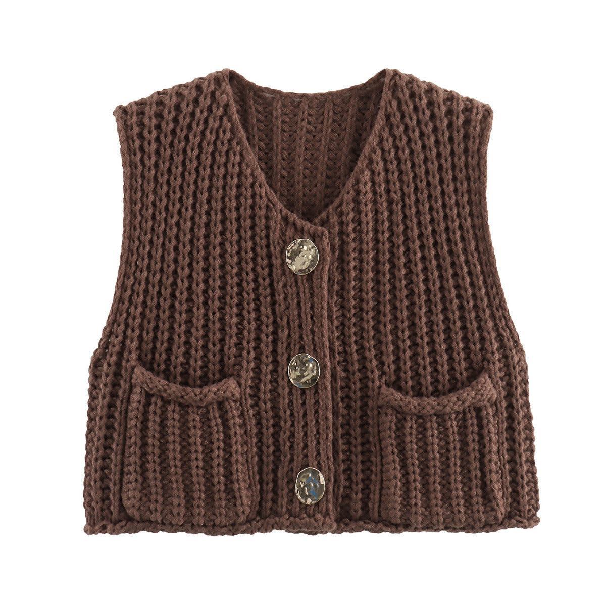 Gestrickte Damenweste mit V-Ausschnitt und goldenen Knöpfen