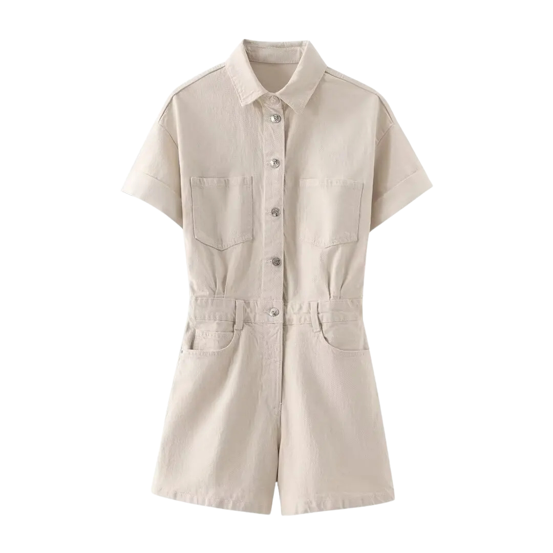 Beige jumpsuit met reverskraag en elastische taille