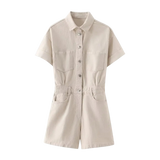 Beige jumpsuit met reverskraag en elastische taille