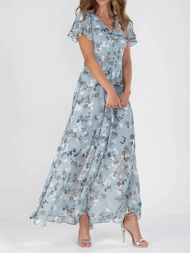 Mirella Midi-Kleid in Hellblau mit Blumenmuster – Frontansicht