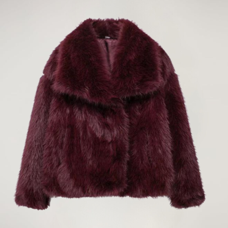 Bordeauxroter Fake Fur Mantel Damen Vorderansicht
