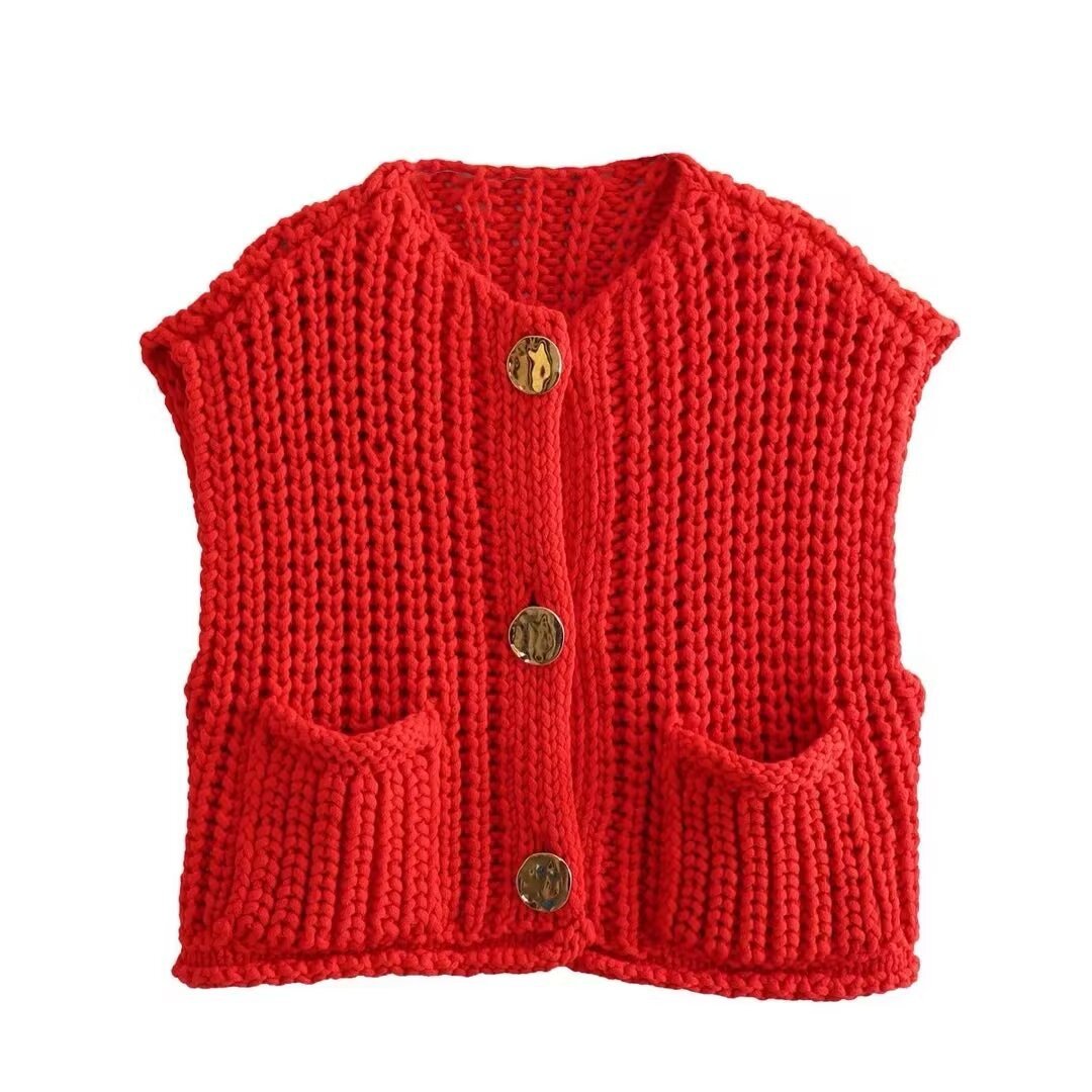 Damen Strickweste ärmellos mit goldenen Knöpfen für Layering-Looks