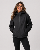 Schwarze Regenjacke Damen mit Kapuze im trockenen Zustand ohne sichtbares Muster