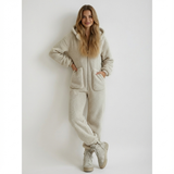 beige teddy onesie für damen mit kapuze und reißverschluss