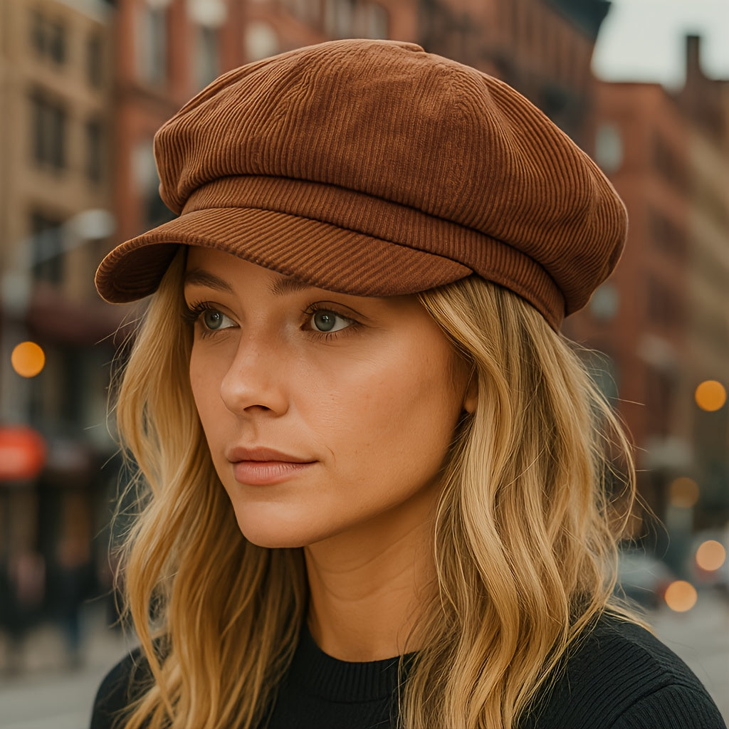 braune cord-newsboy-cap für damen mit schirm