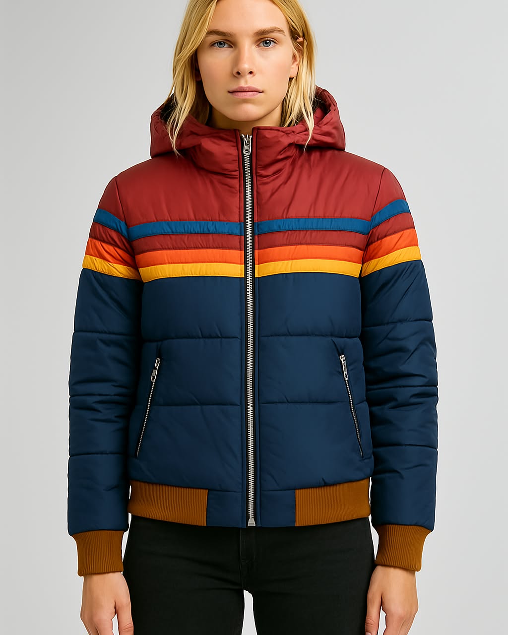dunkelblaue Pufferjacke mit Regenbogenstreifen und roter Kapuze, Seitenansicht
