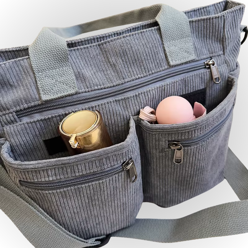 Graue Corduroy Tasche mit Laptopfach