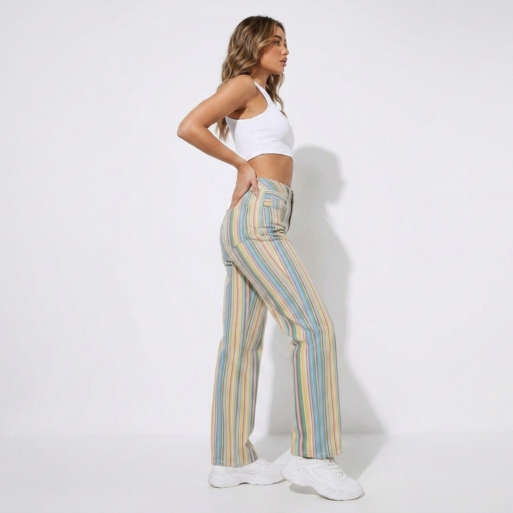 Gestreifte Sommerhose Damen mit hoher Taille kombiniert mit Top