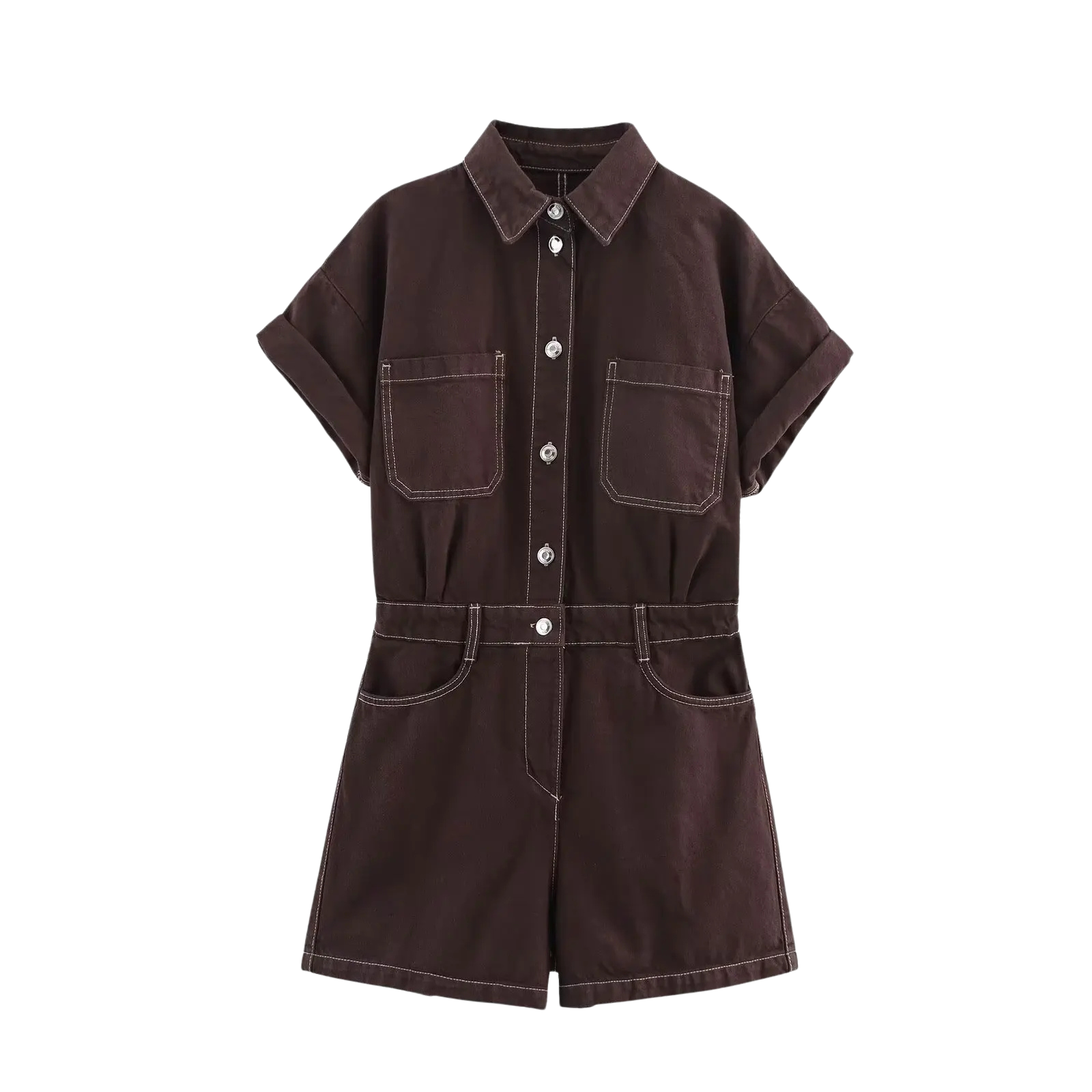 Chocoladebruine denim jumpsuit met vintage zakken en stiksels