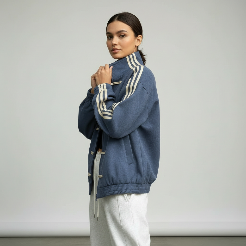 Yúmei Track Jacket Blau Seitenansicht mit Streifen und Stehkragen