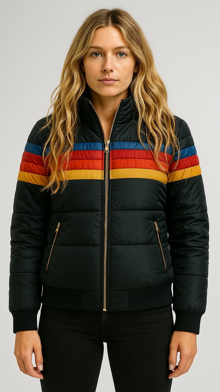 schwarze Pufferjacke mit Regenbogenstreifen und Reißverschlusstaschen, von Frau getragen