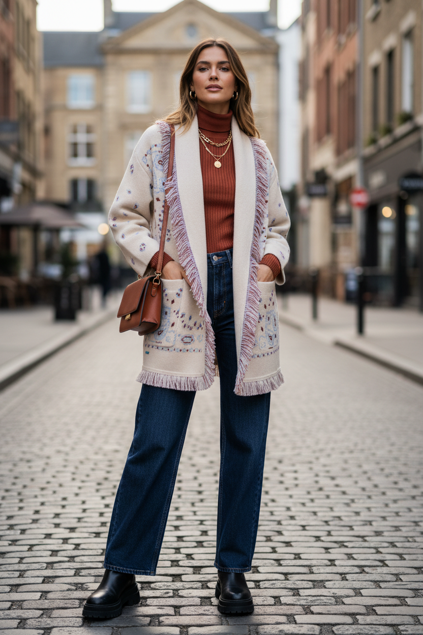 Meliora Bandana Cardigan | Warme Damen Strickjacke mit Fransen & Muster