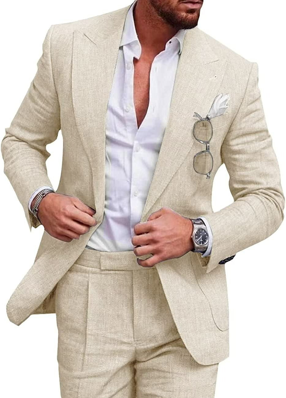 beige linnenpak met subtiele textuur voor formele gelegenheid