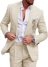 beige linnenpak met subtiele textuur voor formele gelegenheid