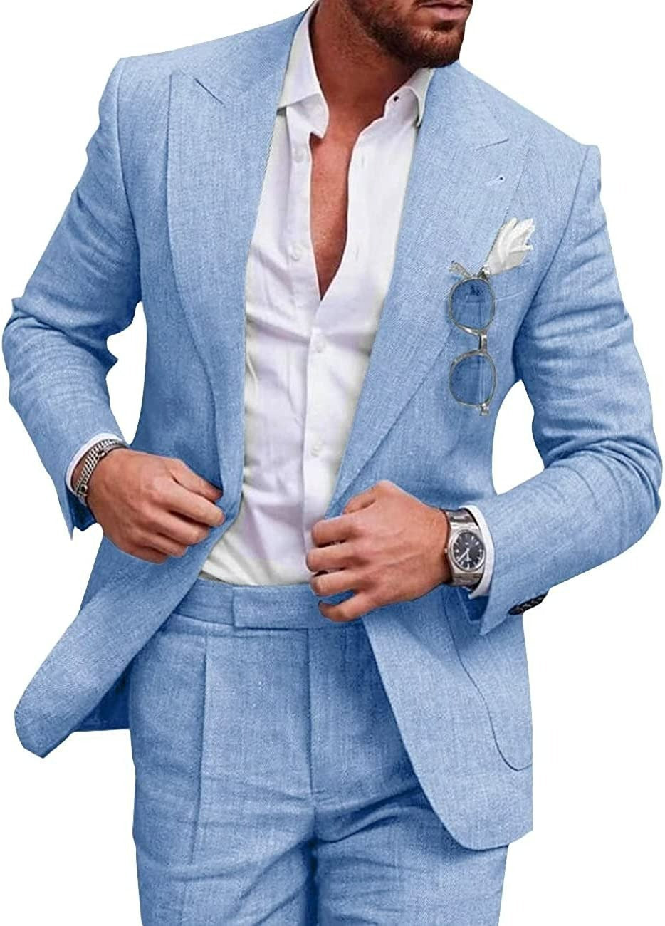 babyblauw herenpak in luchtige linnenmix met zomerse look