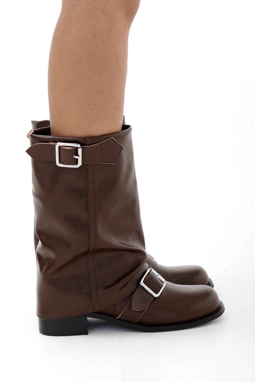 Braune Seretta Buckle Boots Damen mit Schnalle und Blockabsatz