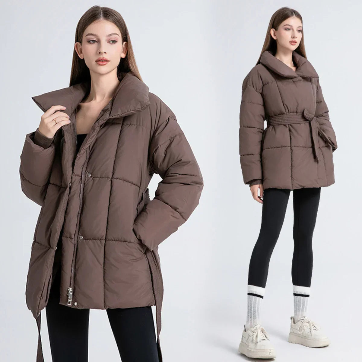 Frau trägt braune Arctic Allure Winterjacke mit Bindegürtel