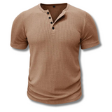 Beige heren shirt met korte mouwen en knopen
