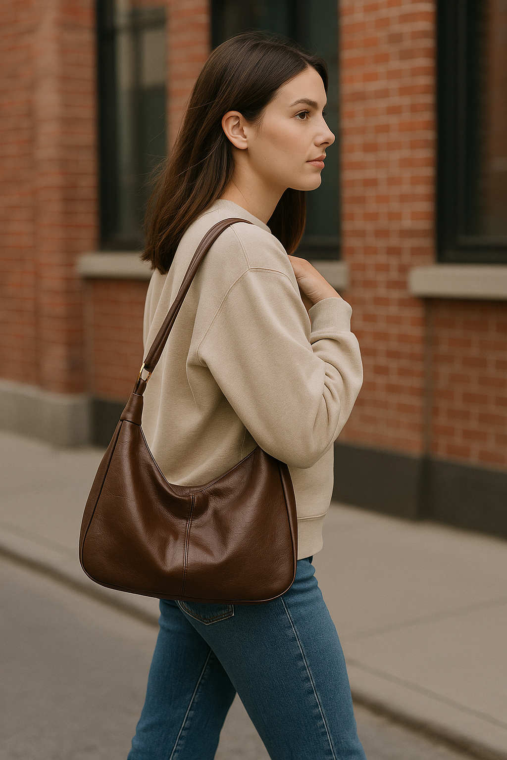 Frau trägt die Novira Schultertasche in Braun auf der Straße