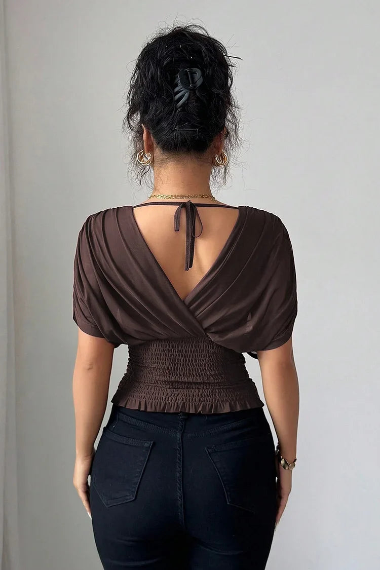 Celestine V-Ausschnitt-Bluse in Braun, elegante Damenmode