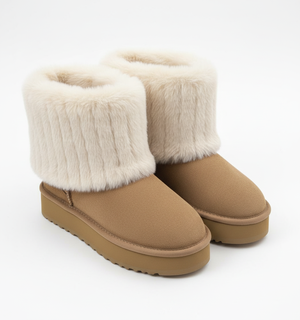 Camel Winterstiefel mit weicher cremefarbenen Fellkrempe und rutschfester Sohle – warme Damen Schneestiefel.
