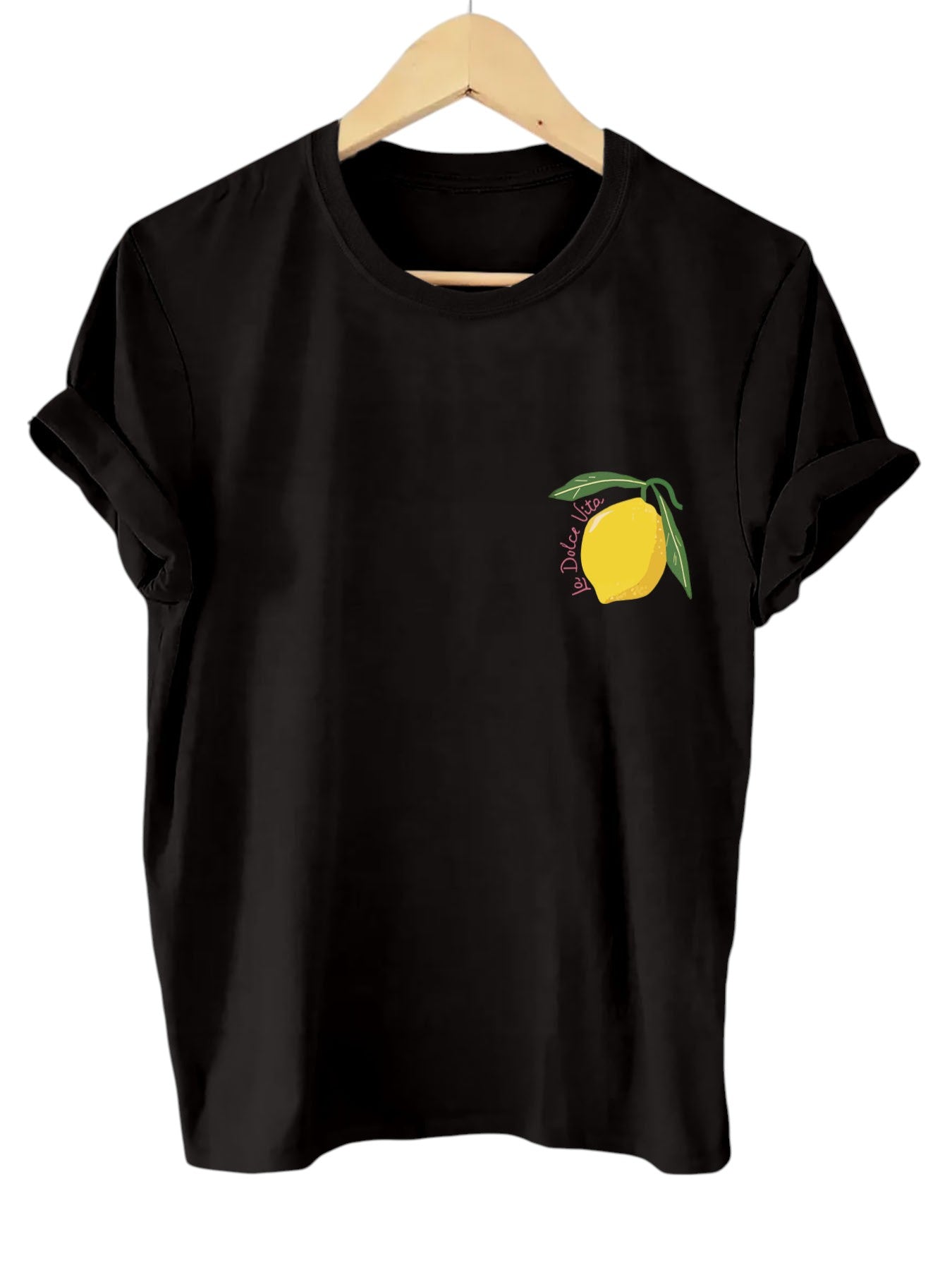 Limonvita Damen-T-Shirt in Schwarz mit kleinem Zitronen-Print auf der Brust