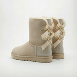 Beige wildleder sparkle bow boots mit drei satin-schleifen