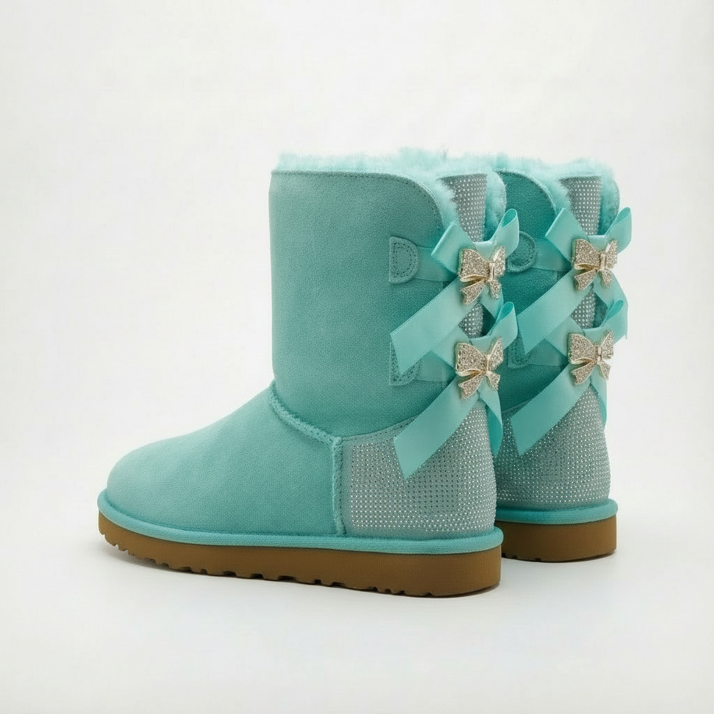 Türkis wildleder boots mit glitzer heel und satin-schleifen