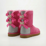 pink wildleder sparkle bow boots mit drei satin-schleifen