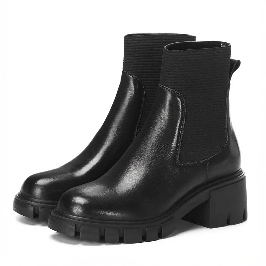 schwarze chelsea boots aus rindsleder mit blockabsatz und profilsohle