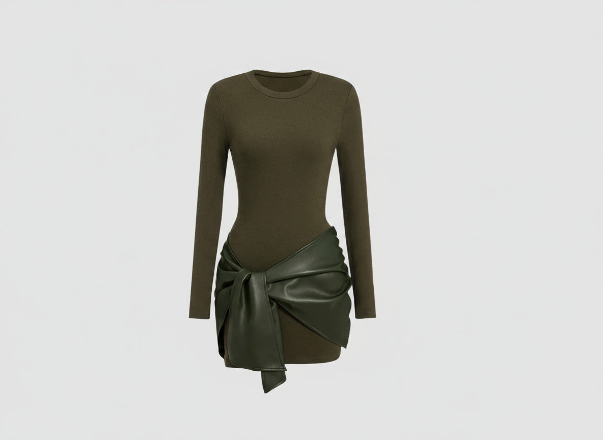 Olivgrünes Damenkleid mit langen Ärmeln und Lederoptik