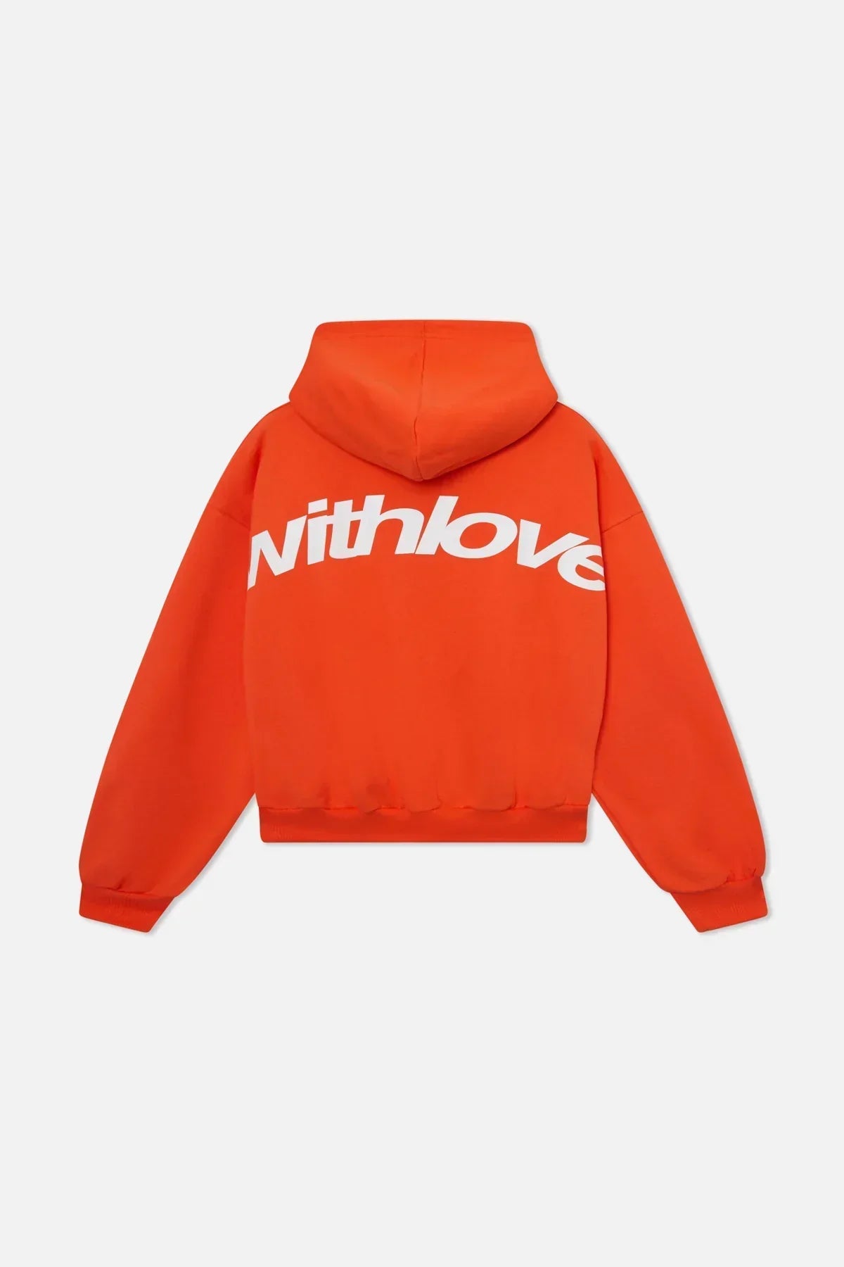Oranger Hoodie Rückseite mit großem „withlove“ Schriftzug
